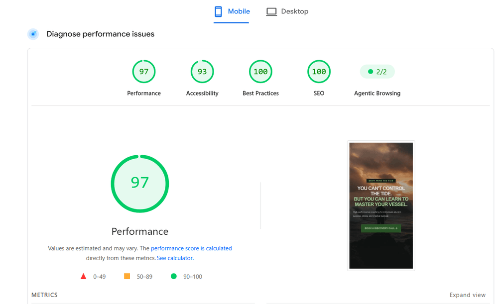 Google PageSpeed Insights results for a client site: 97 performance, 93 accessibility, 100 best practices, 100 SEO
